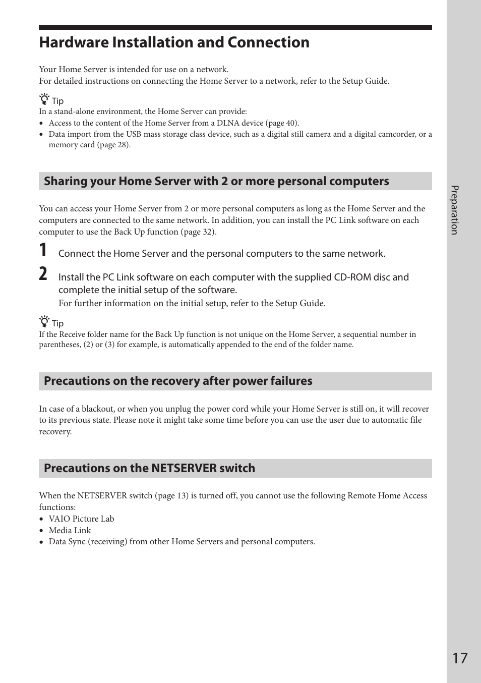 Preparation, Hardware installation and connection, Sharing your home server with | 2 or more personal computers, Precautions on the recovery, After power failures, Precautions on the netserver switch, Precautions on the recovery after power failures | Sony VGF-HS1 User Manual | Page 17 / 104