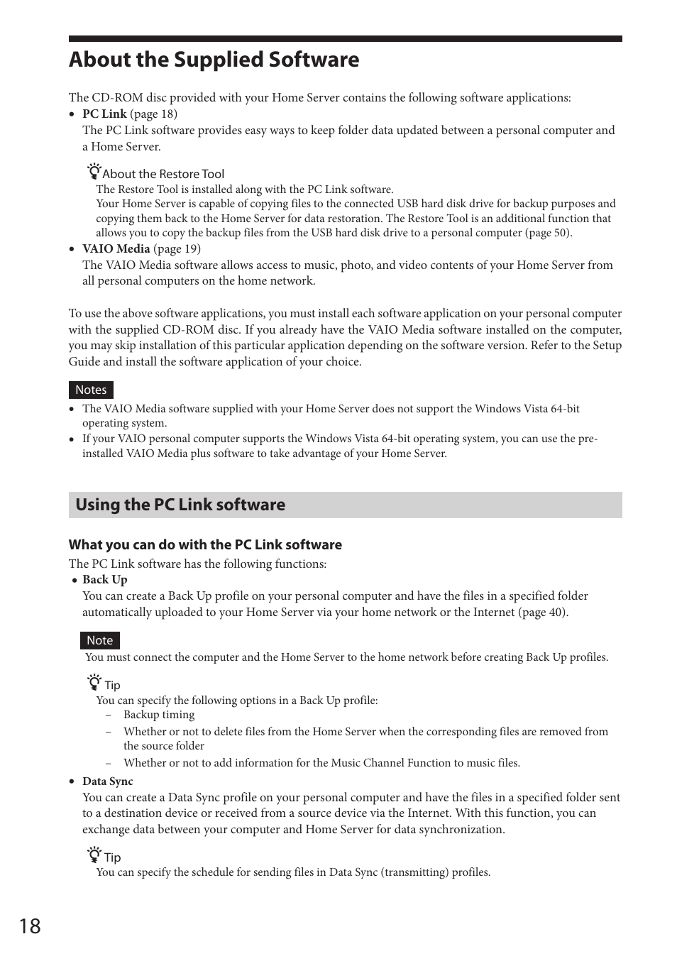 About the supplied software, Using the pc link software | Sony VGF-HS1 User Manual | Page 18 / 104