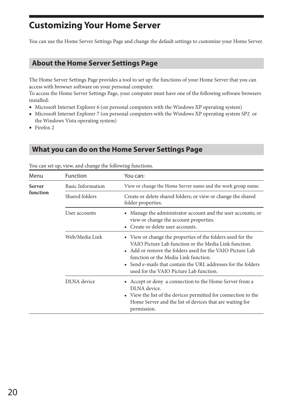 Customizing your home server, What you can do on, About the home server settings page | What you can do on the home server settings page | Sony VGF-HS1 User Manual | Page 20 / 104