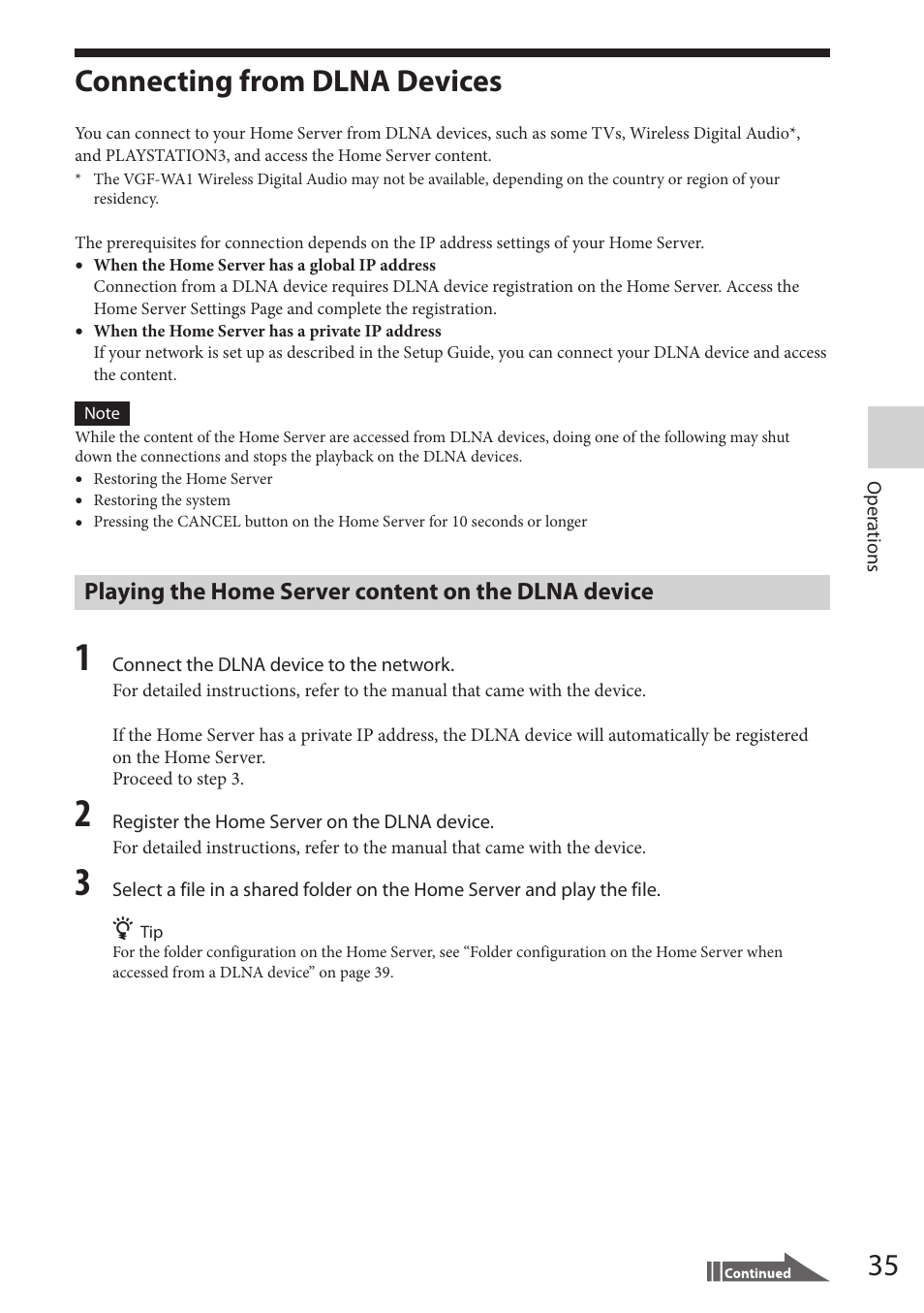 Connecting from dlna devices, Playing the home server content, On the dlna device | Playing the home server content on the dlna device | Sony VGF-HS1 User Manual | Page 35 / 104