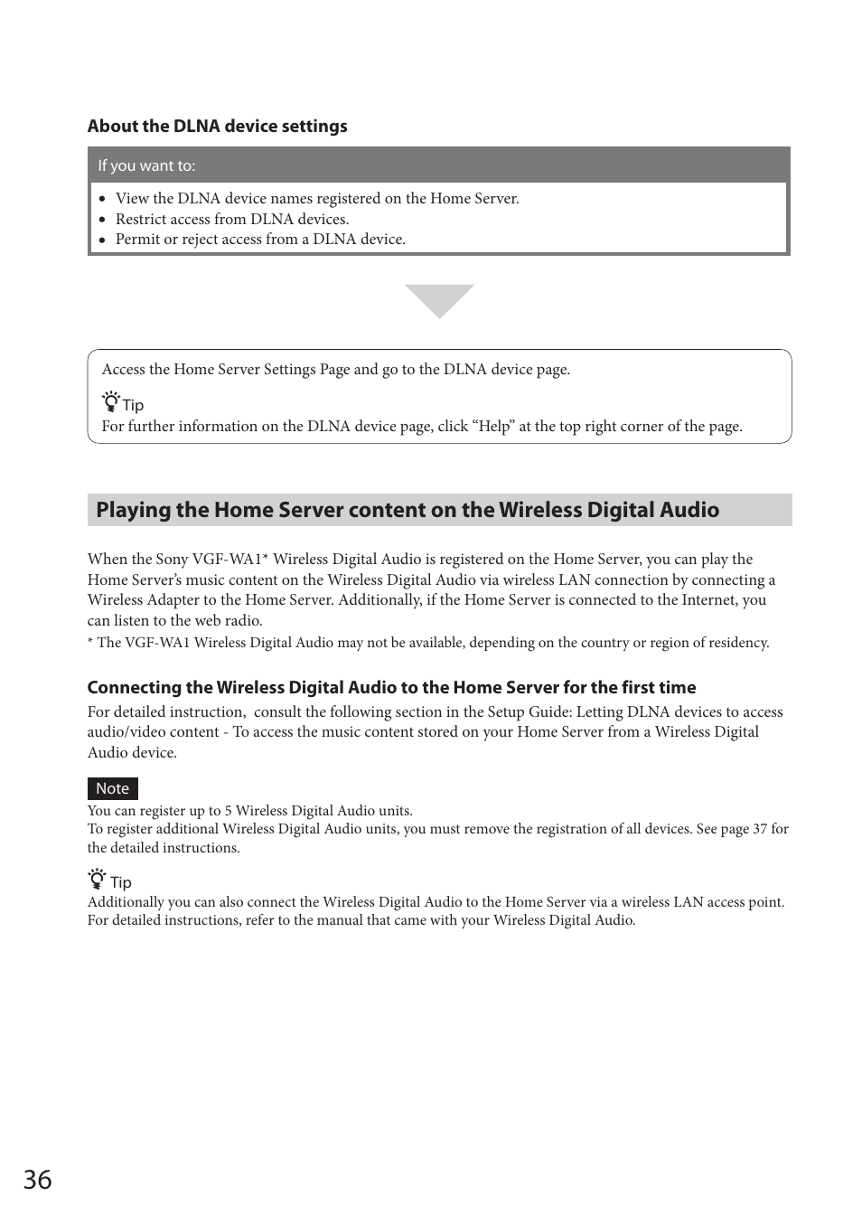 Playing the home server content on, The wireless digital audio | Sony VGF-HS1 User Manual | Page 36 / 104