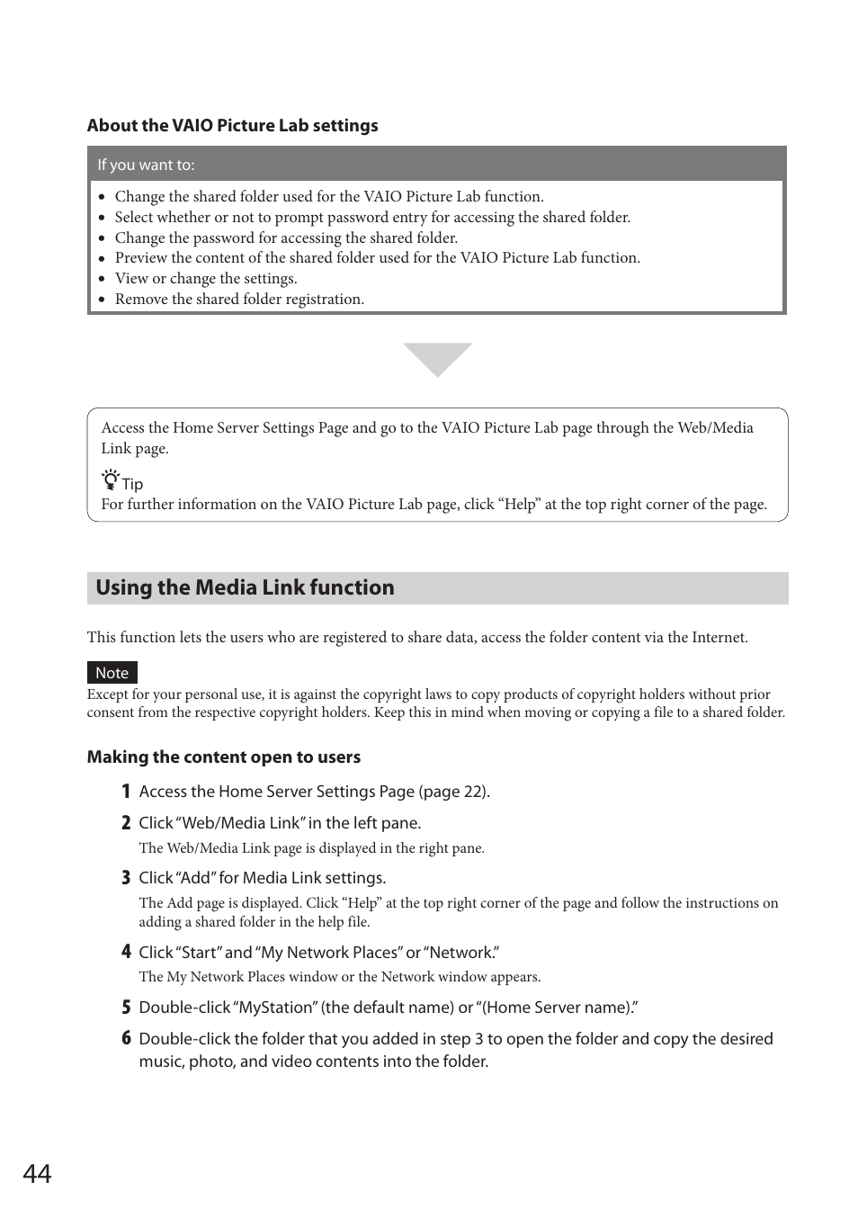 Using the media link function | Sony VGF-HS1 User Manual | Page 44 / 104