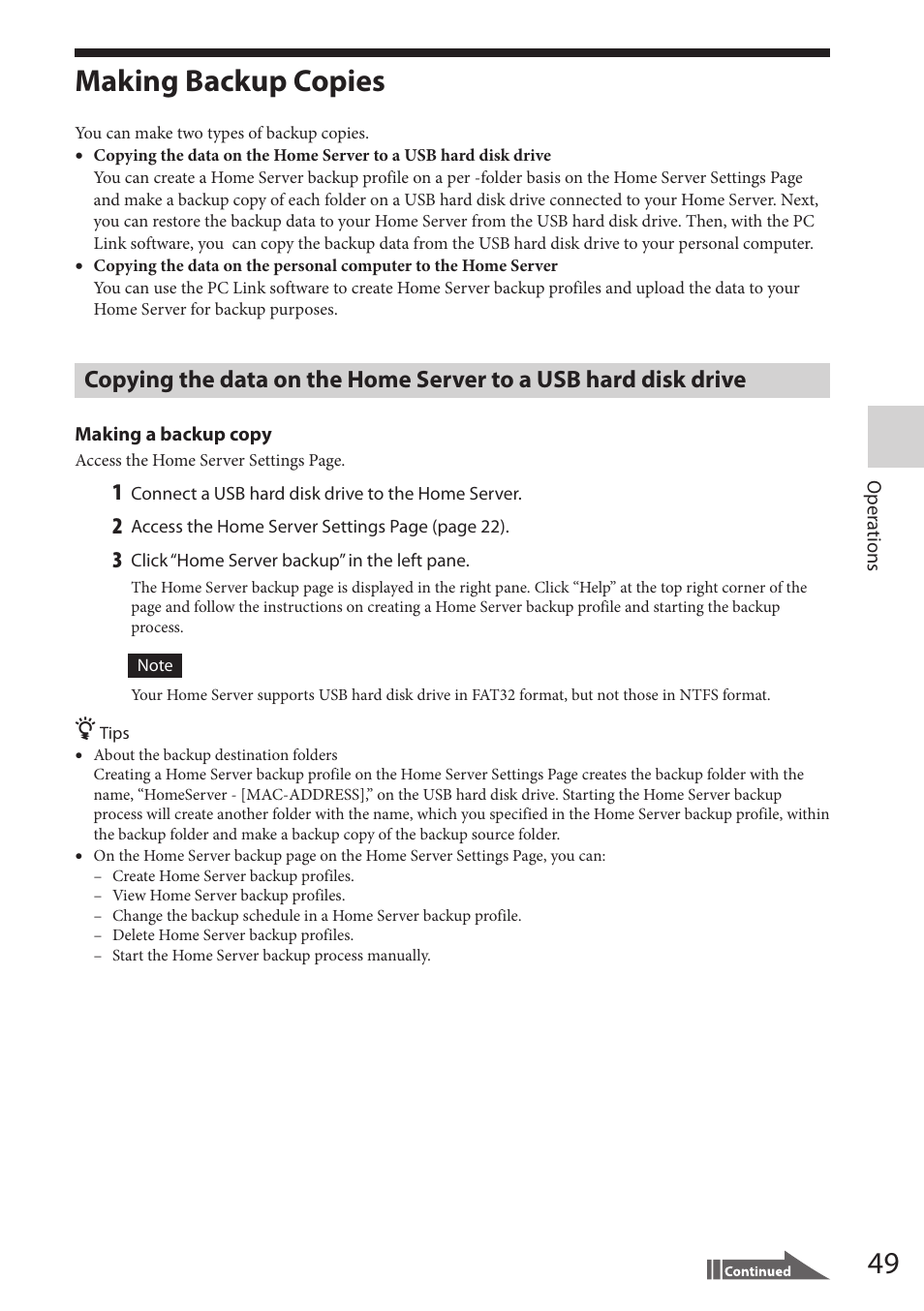 Making backup copies, Copying the data on the home server, To a usb hard disk drive | Sony VGF-HS1 User Manual | Page 49 / 104