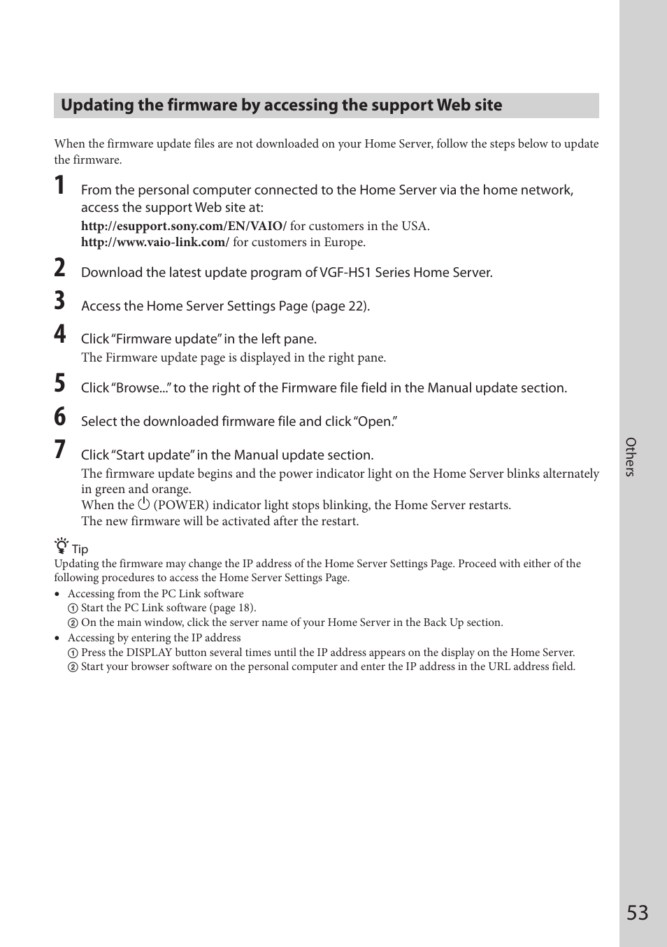 Updating the firmware by accessing, The support web site | Sony VGF-HS1 User Manual | Page 53 / 104