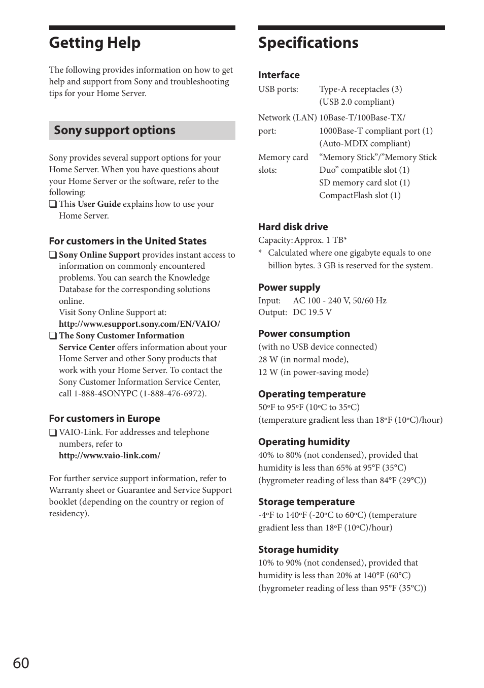 Getting help, Sony support options, Specifications | Getting help specifications | Sony VGF-HS1 User Manual | Page 60 / 104