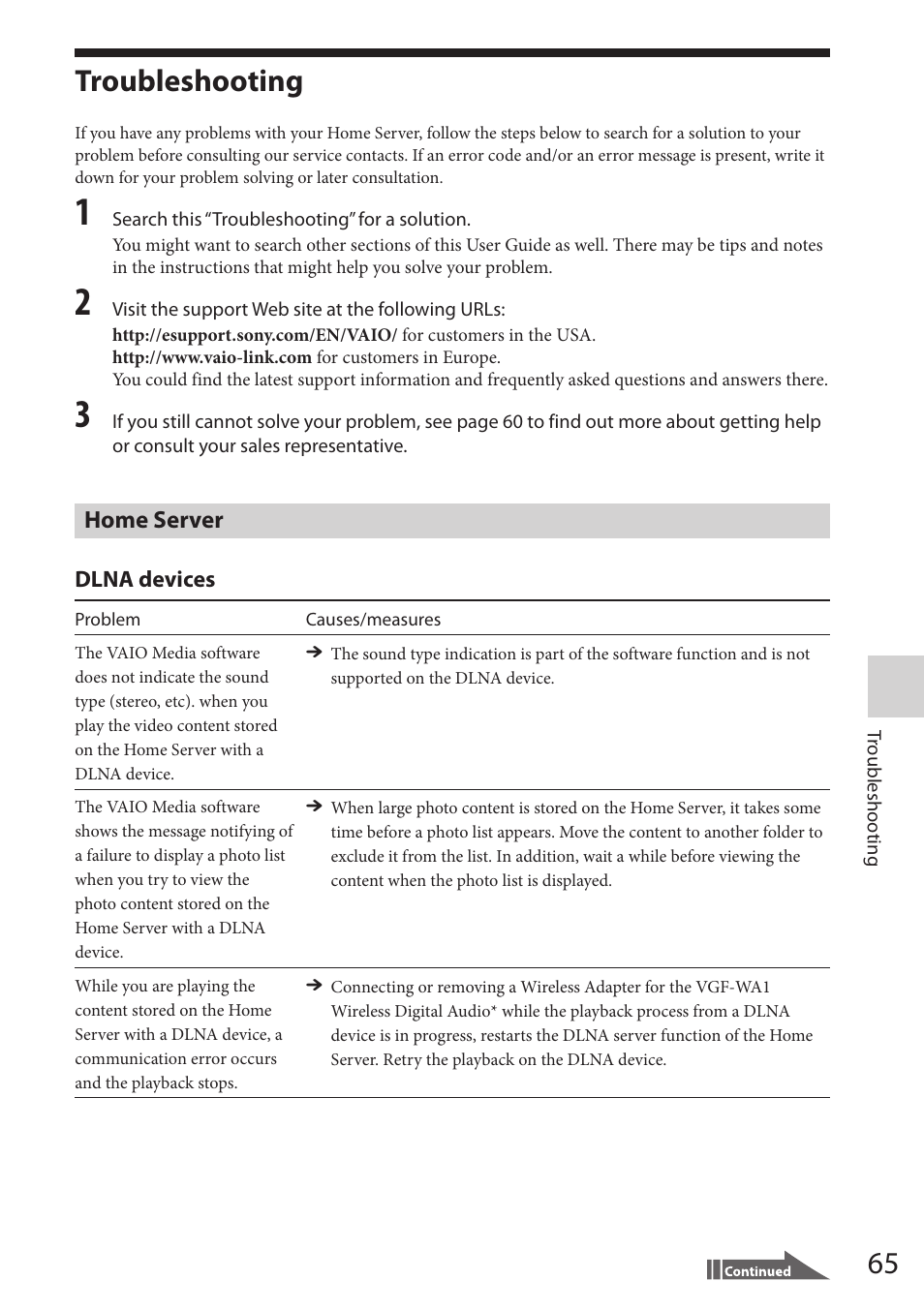Troubleshooting, Home server | Sony VGF-HS1 User Manual | Page 65 / 104