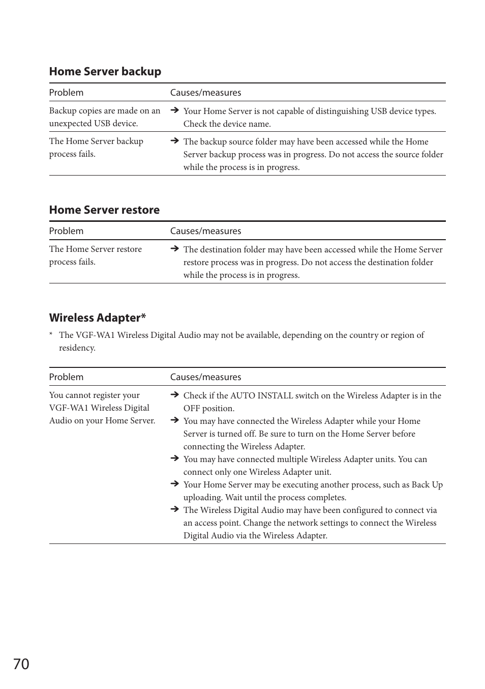 Home server backup, Home server restore, Wireless adapter | Sony VGF-HS1 User Manual | Page 70 / 104