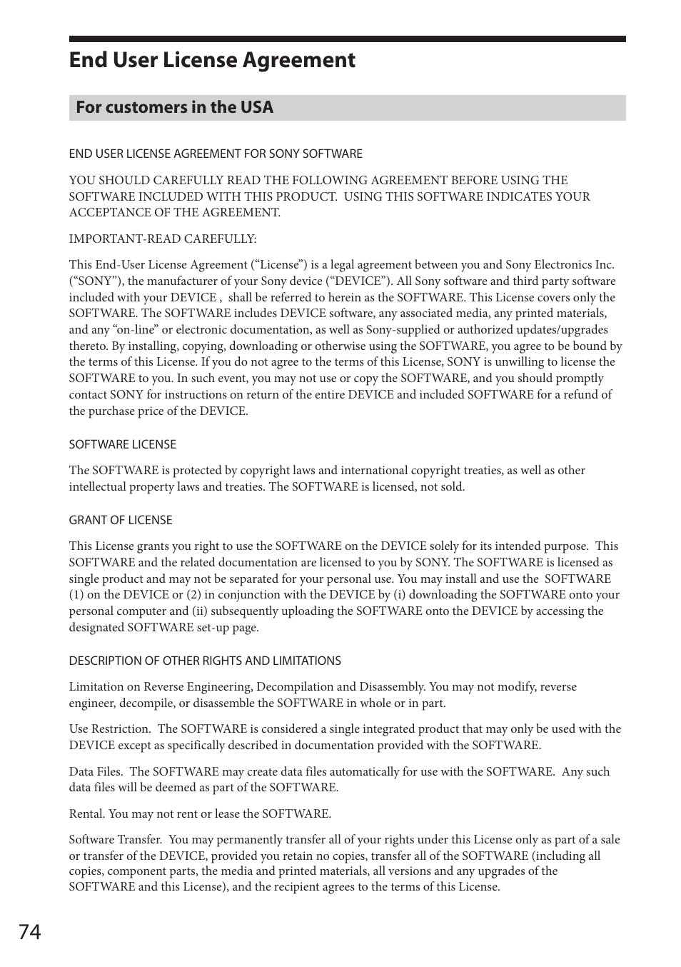 End user license agreement, For customers in the usa | Sony VGF-HS1 User Manual | Page 74 / 104