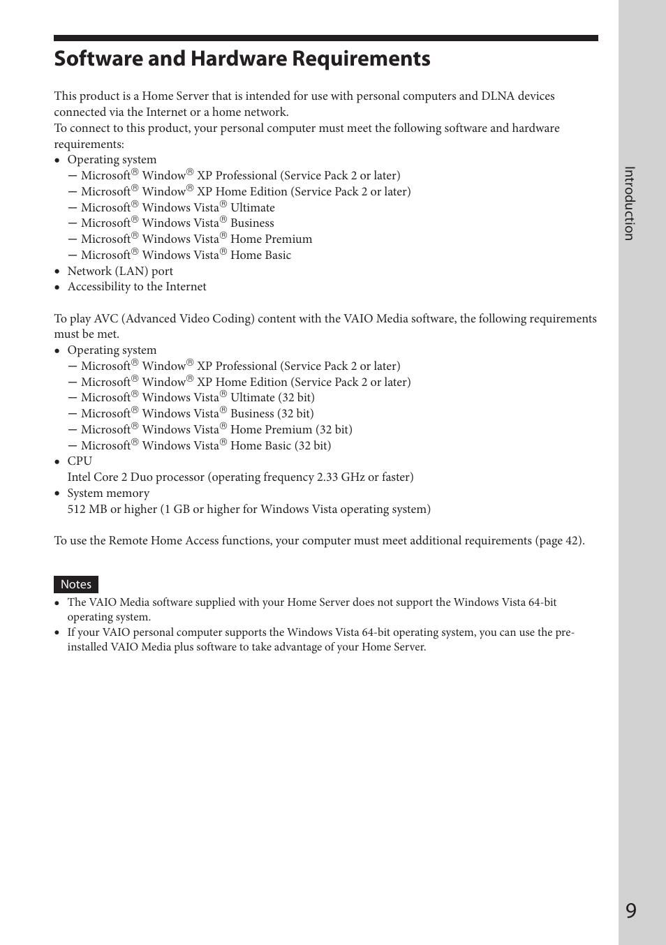 Introduction, Software and hardware requirements | Sony VGF-HS1 User Manual | Page 9 / 104