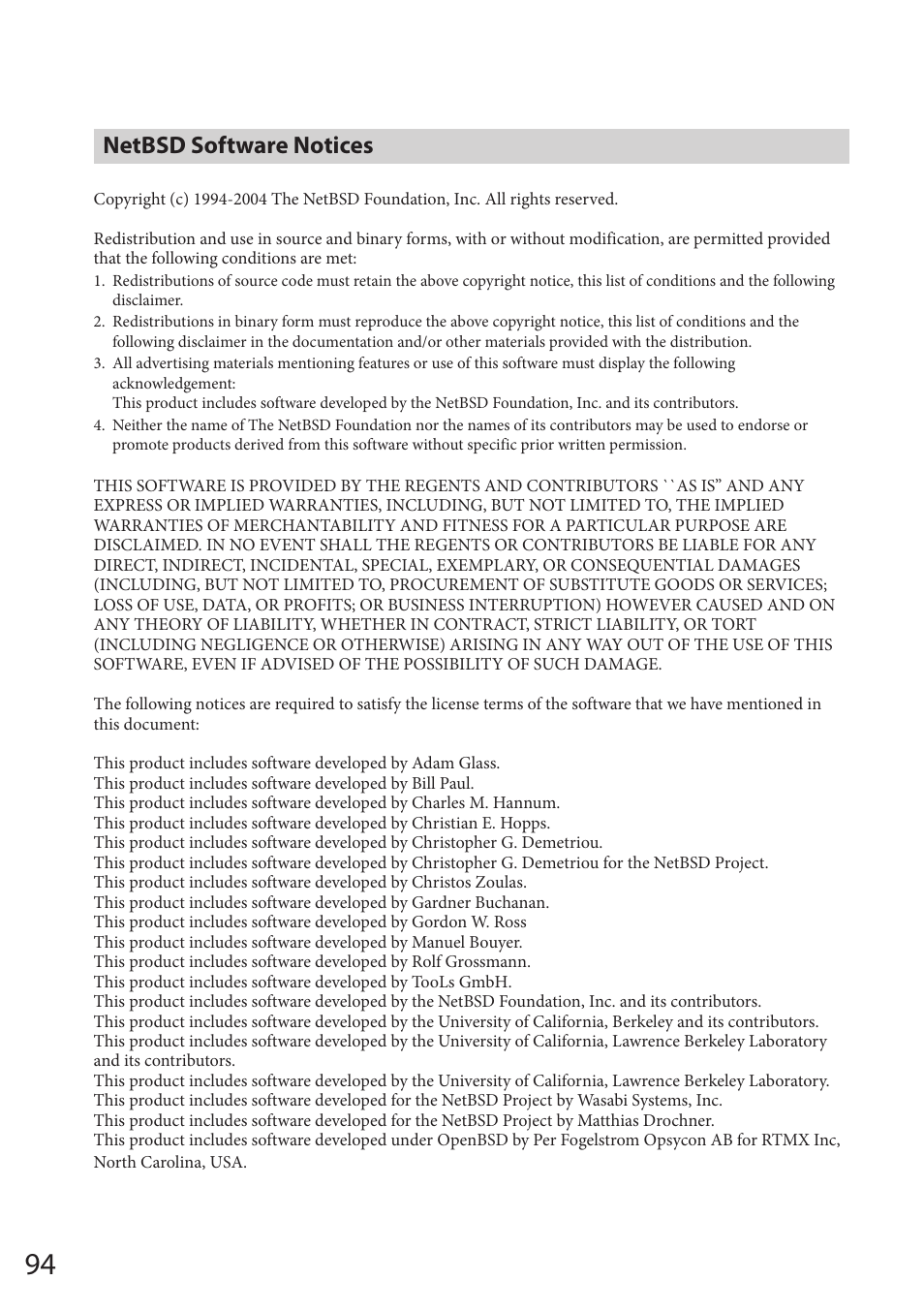 Netbsd software notices | Sony VGF-HS1 User Manual | Page 94 / 104