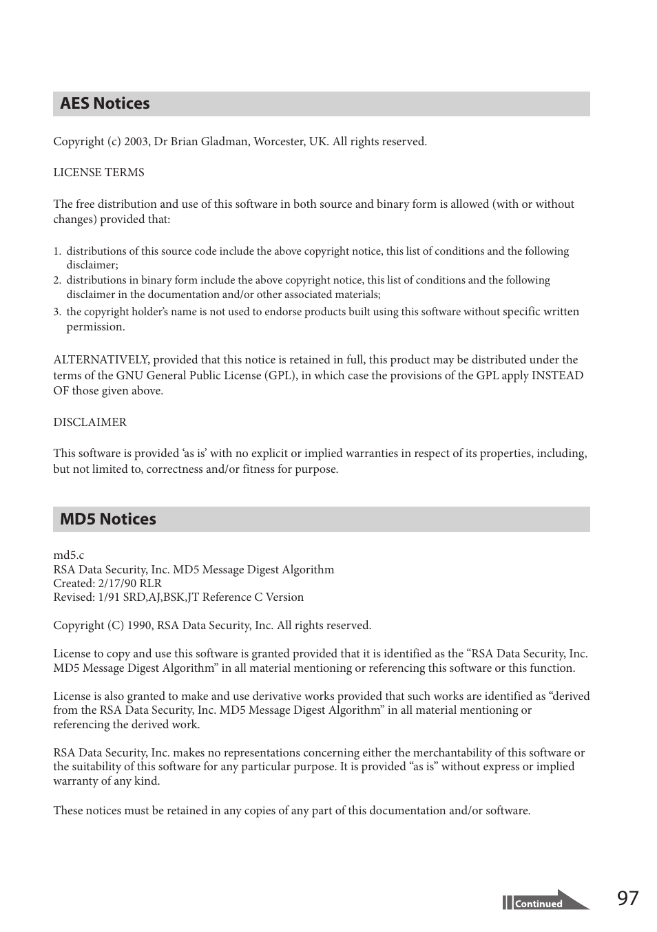 Aes notices, Md5 notices | Sony VGF-HS1 User Manual | Page 97 / 104