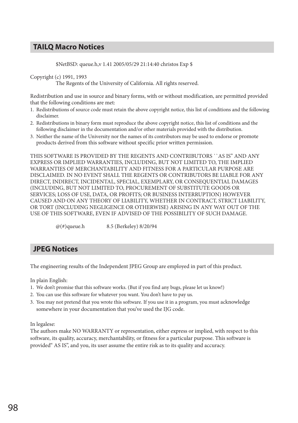 Tailq macro notices, Jpeg notices | Sony VGF-HS1 User Manual | Page 98 / 104