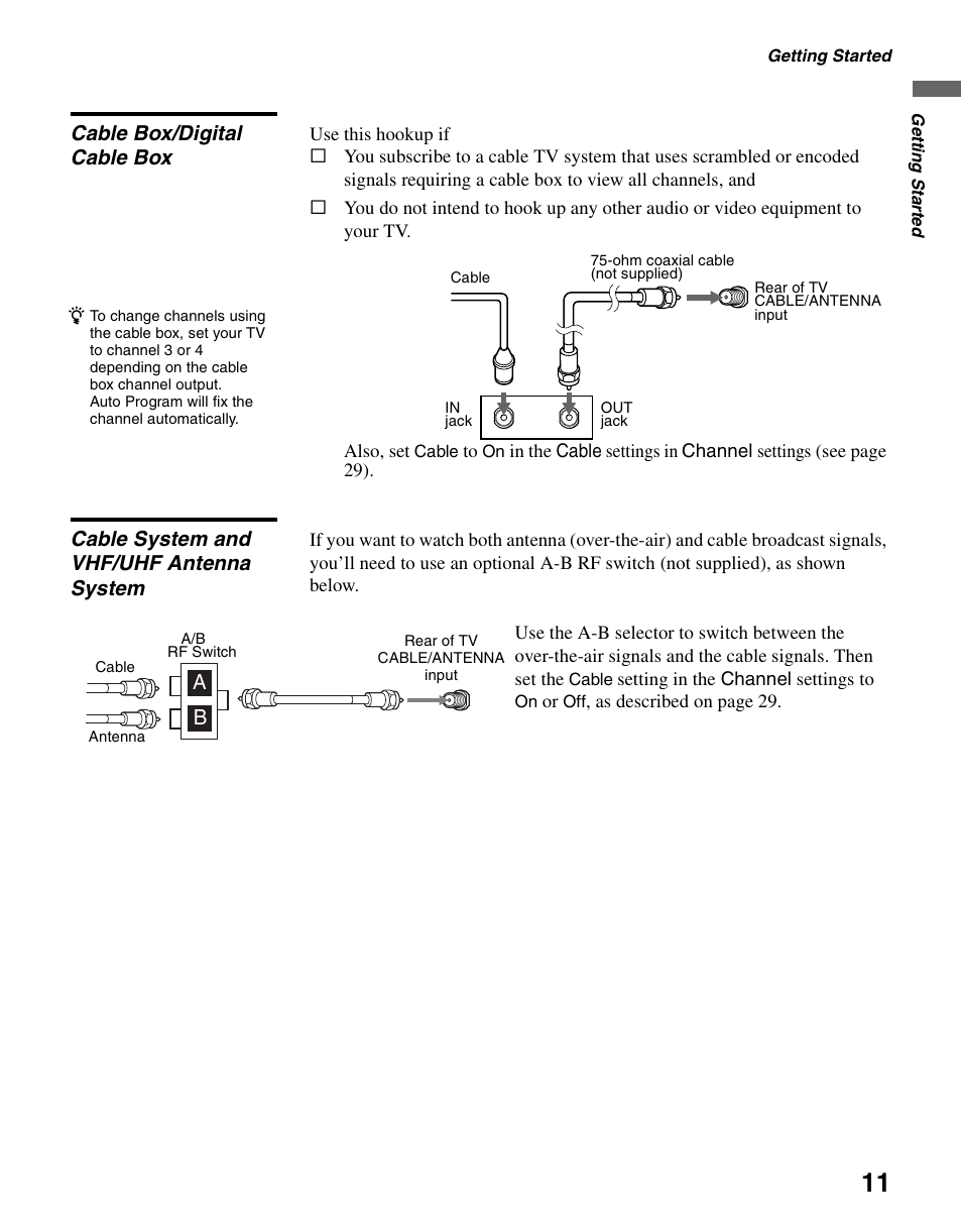 Cable box/digital cable box, Cable system and vhf/uhf antenna system | Sony KDL-19M4000 User Manual | Page 11 / 44
