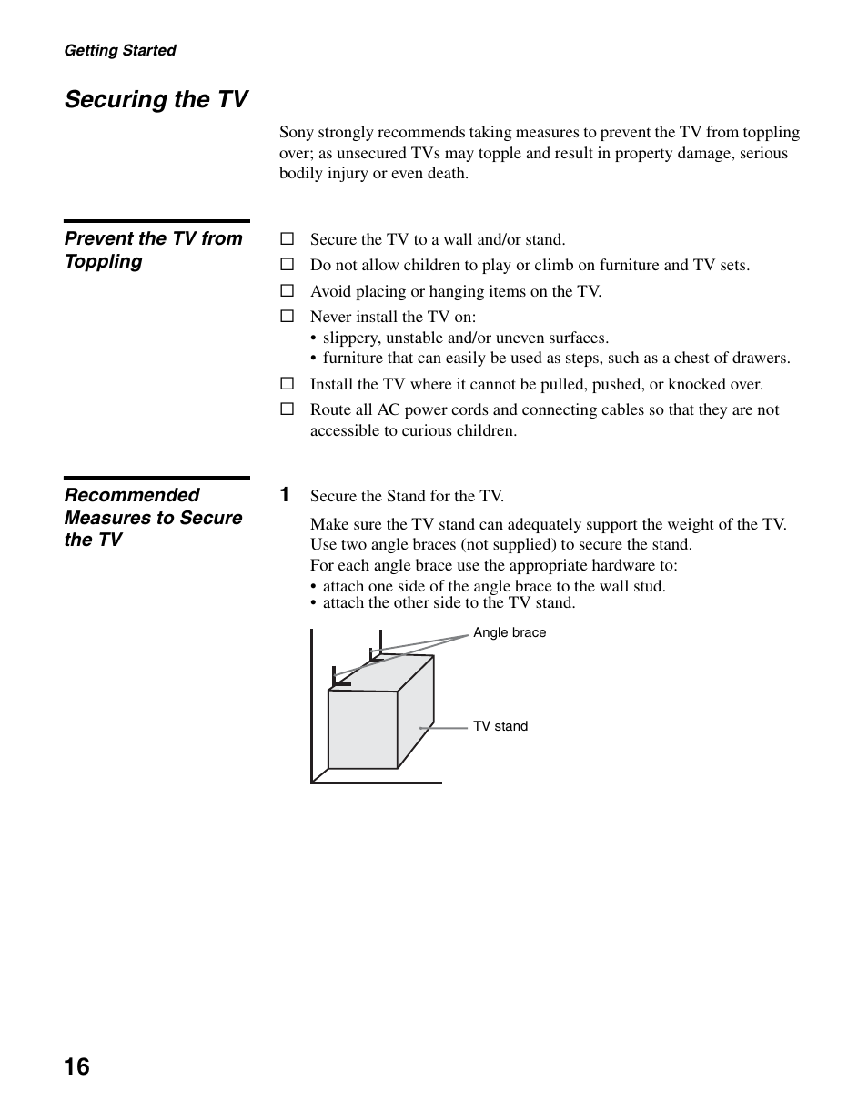 Securing the tv, Prevent the tv from toppling, Recommended measures to secure the tv | 16 securing the tv | Sony KDL-19M4000 User Manual | Page 16 / 44