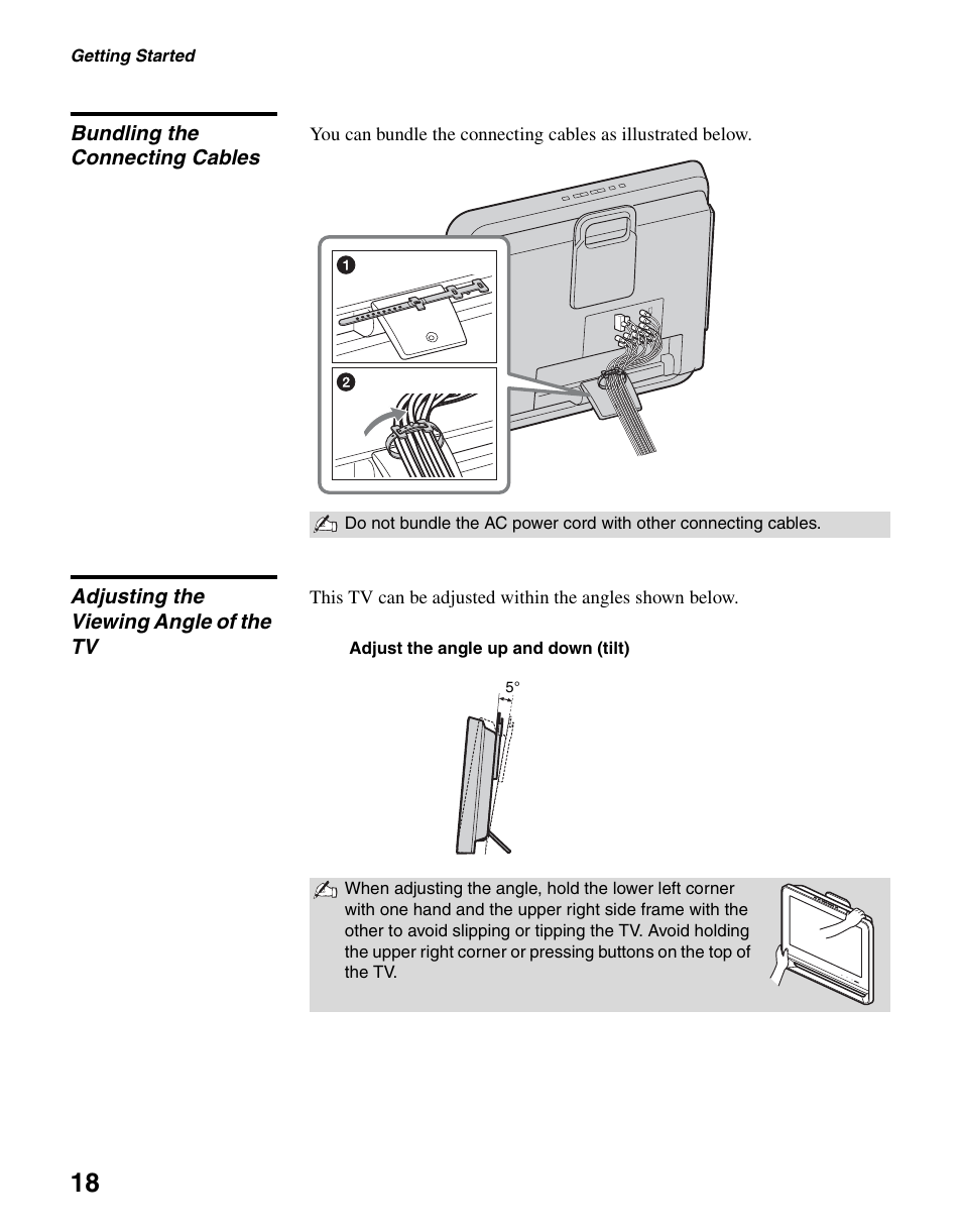 Bundling the connecting cables, Adjusting the viewing angle of the tv | Sony KDL-19M4000 User Manual | Page 18 / 44