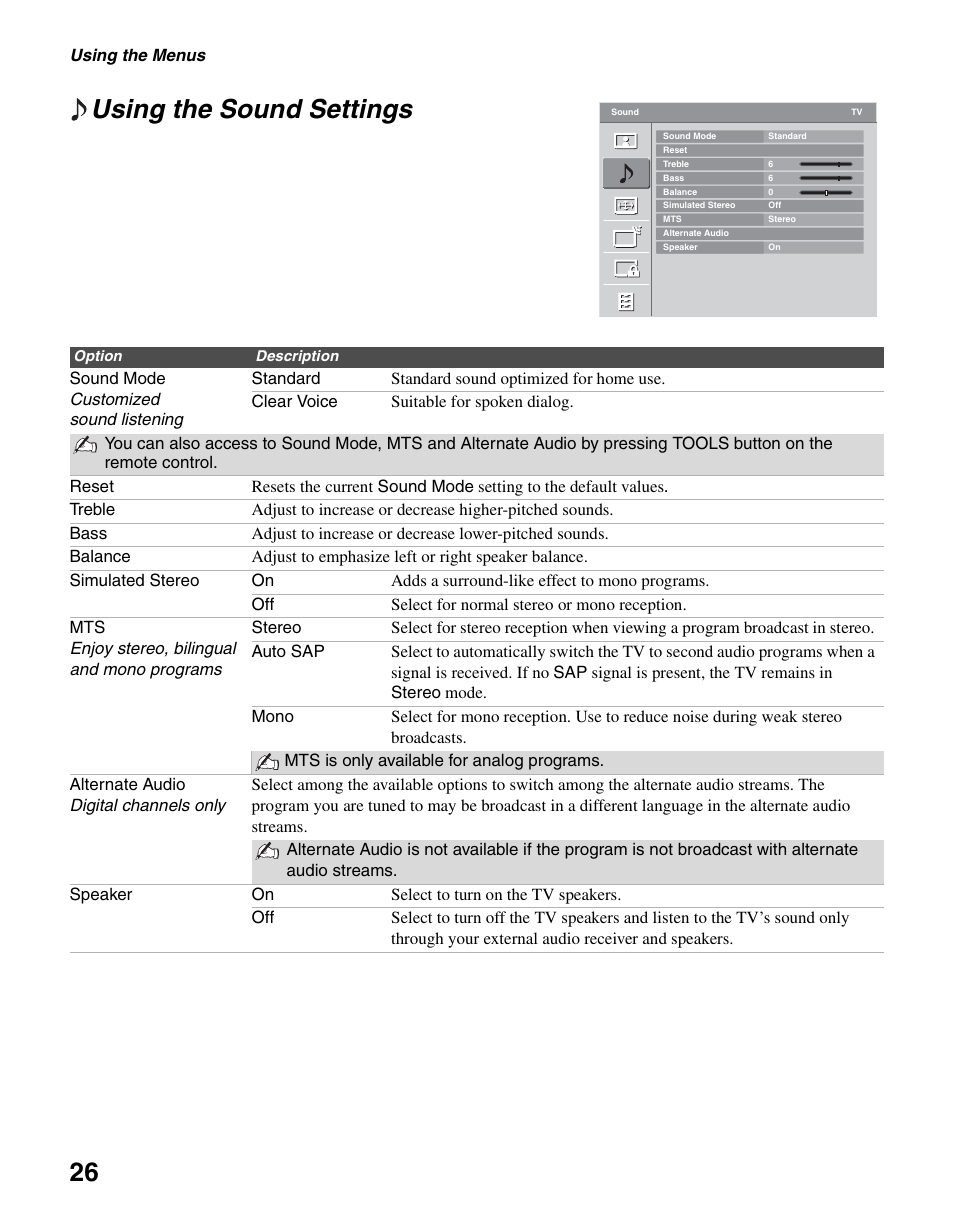 Using the sound settings, 26 using the sound settings | Sony KDL-19M4000 User Manual | Page 26 / 44