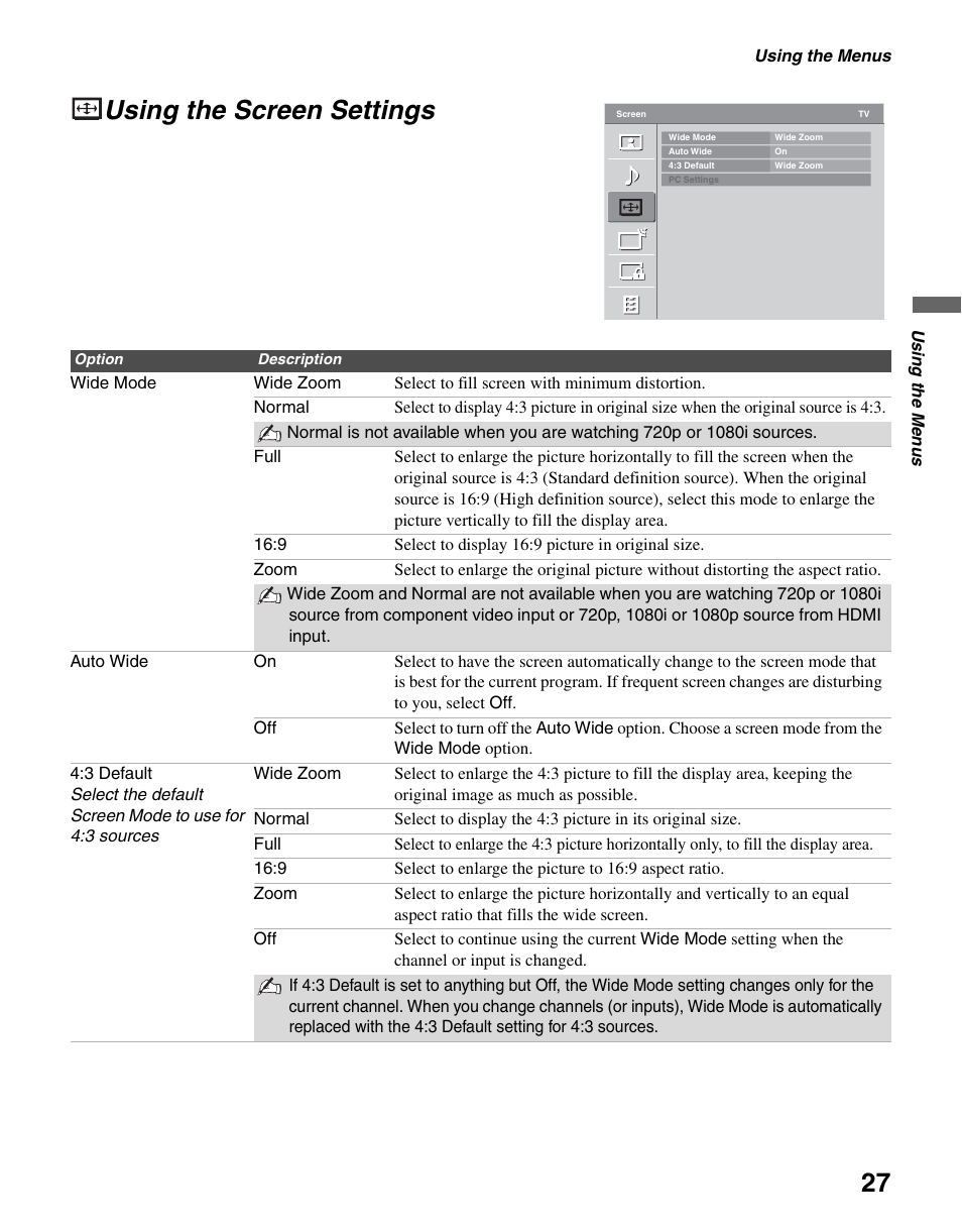 Using the screen settings, D 27 | Sony KDL-19M4000 User Manual | Page 27 / 44
