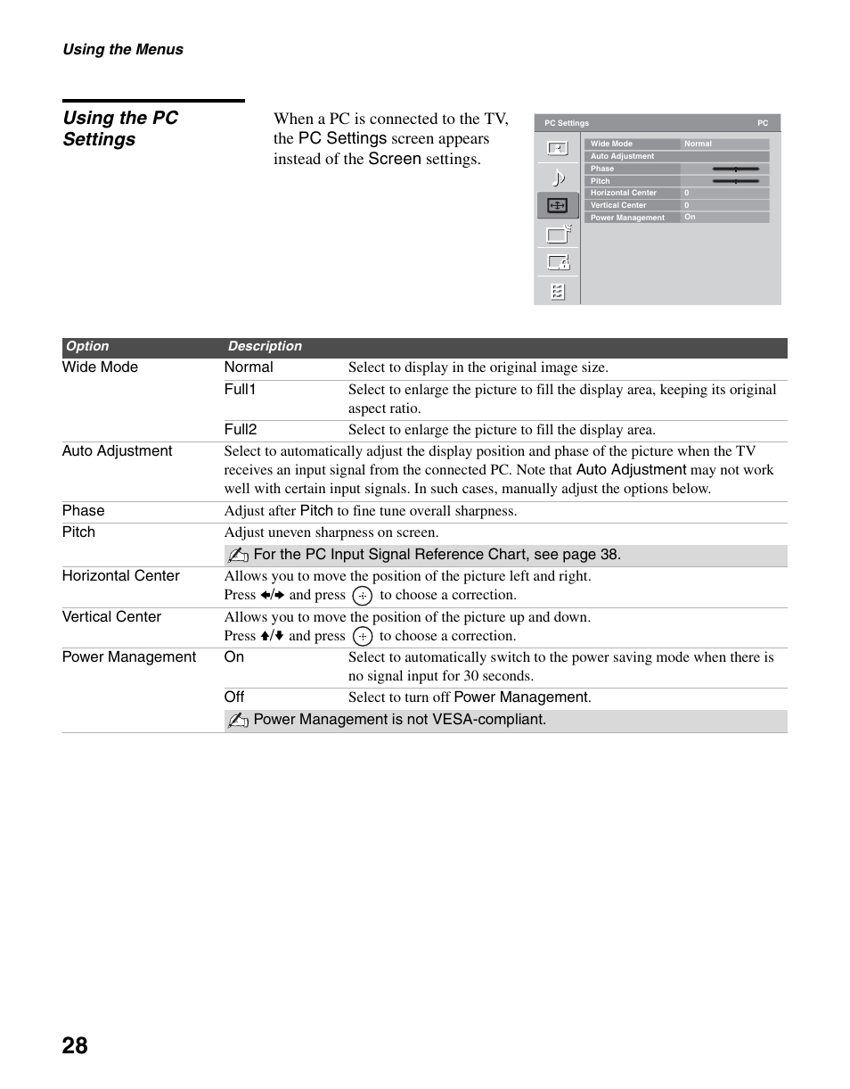 Using the pc settings | Sony KDL-19M4000 User Manual | Page 28 / 44