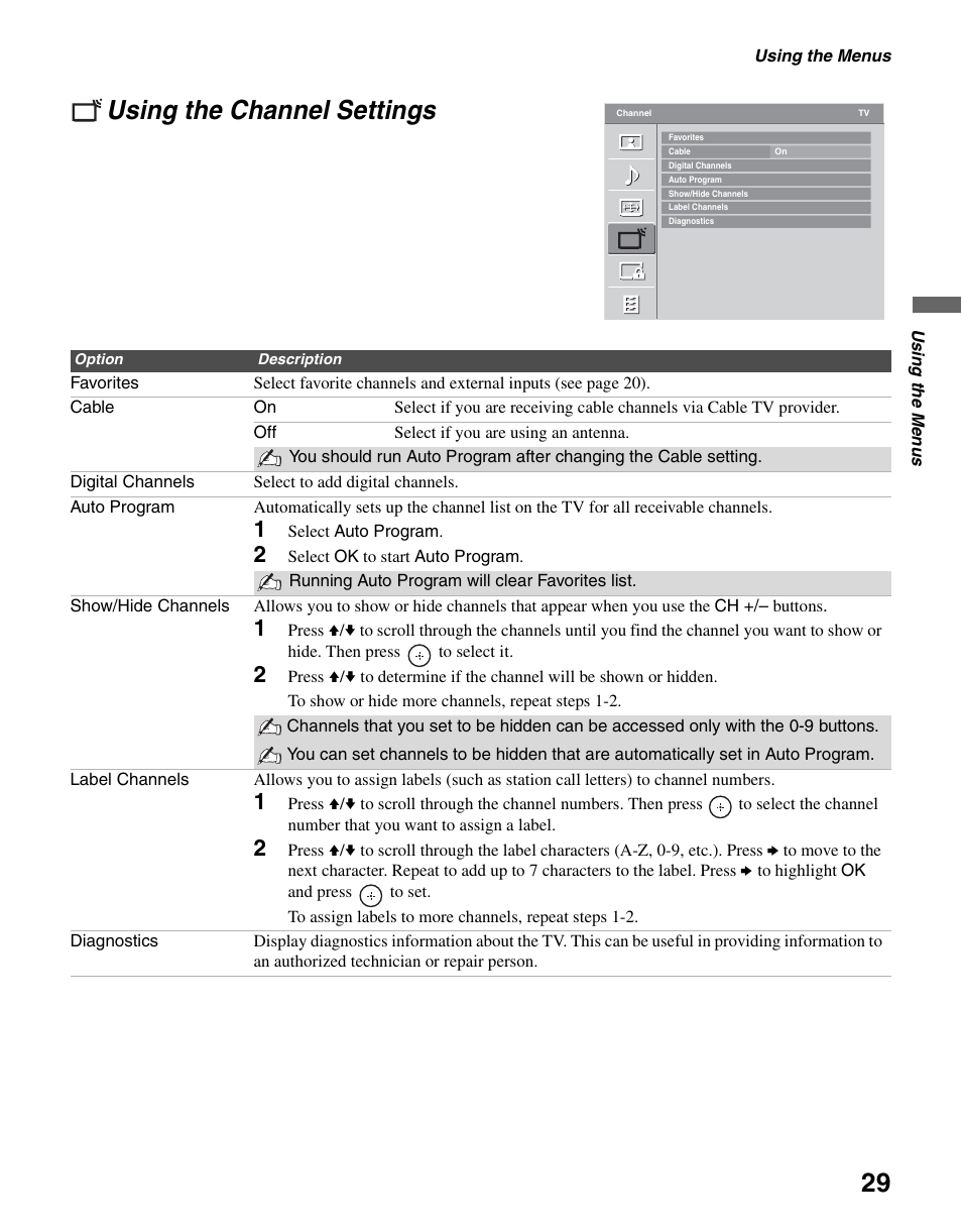Using the channel settings, D 29 f | Sony KDL-19M4000 User Manual | Page 29 / 44