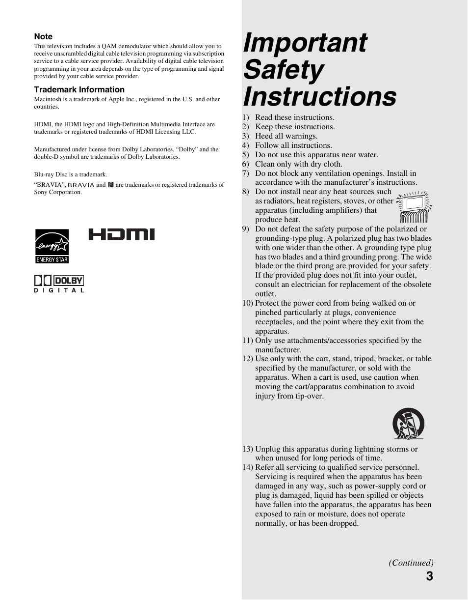 Important safety instructions | Sony KDL-19M4000 User Manual | Page 3 / 44