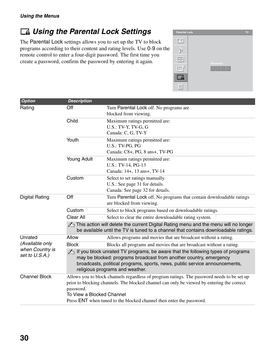 Using the parental lock settings, 30 using the parental lock settings | Sony KDL-19M4000 User Manual | Page 30 / 44
