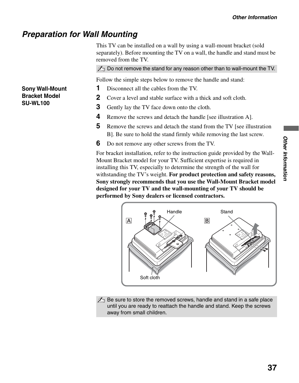 Preparation for wall mounting | Sony KDL-19M4000 User Manual | Page 37 / 44