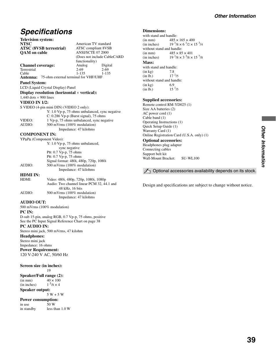 Specifications, Other information, Oth e r info rm a tio n | Sony KDL-19M4000 User Manual | Page 39 / 44