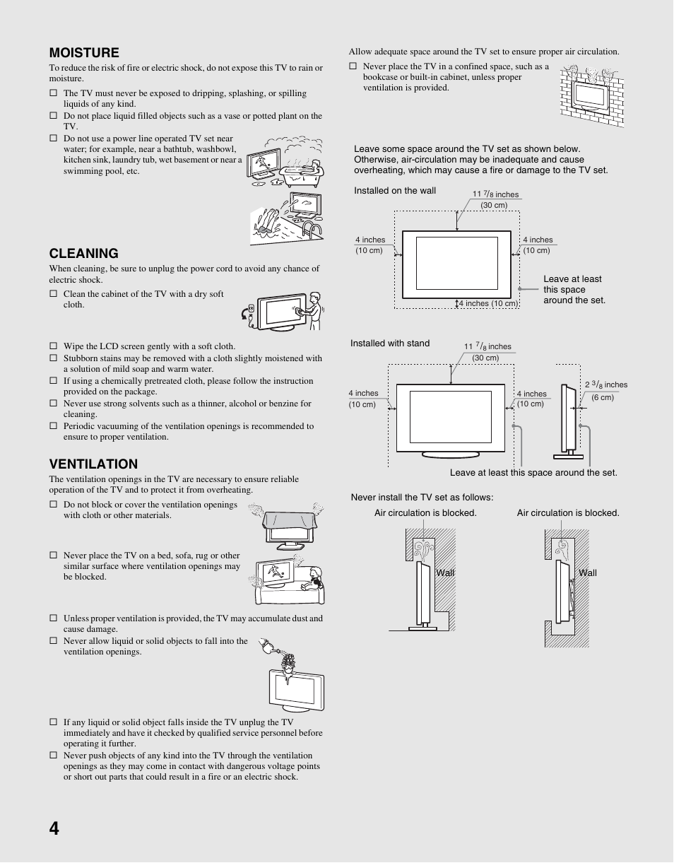 Moisture, Cleaning, Ventilation | Sony KDL-19M4000 User Manual | Page 4 / 44