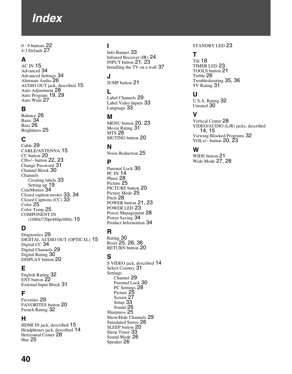 Index | Sony KDL-19M4000 User Manual | Page 40 / 44