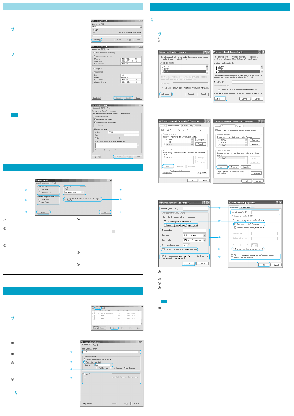 Building a peer to peer network, Windows xp, Changing wireless panel settings | Windows me, windows 2000, Configuring more detailed settings | Sony PCWA-C700 User Manual | Page 2 / 2