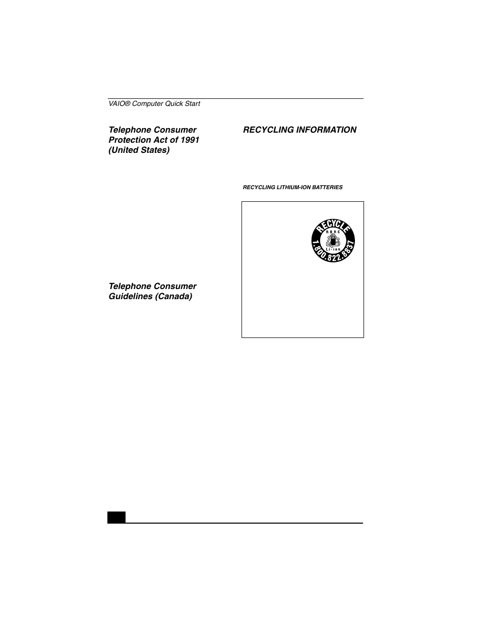 Telephone consumer guidelines (canada), Recycling information | Sony VGN-A140P User Manual | Page 10 / 48