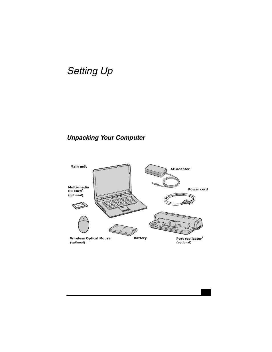 Setting up, Unpacking your computer | Sony VGN-A140P User Manual | Page 13 / 48