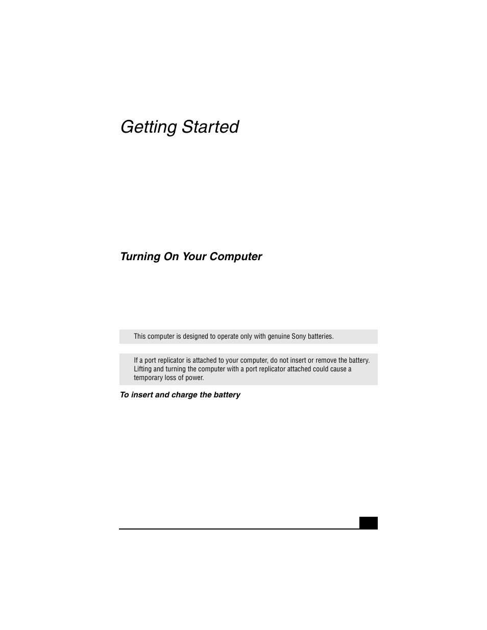 Getting started, Turning on your computer | Sony VGN-A140P User Manual | Page 27 / 48