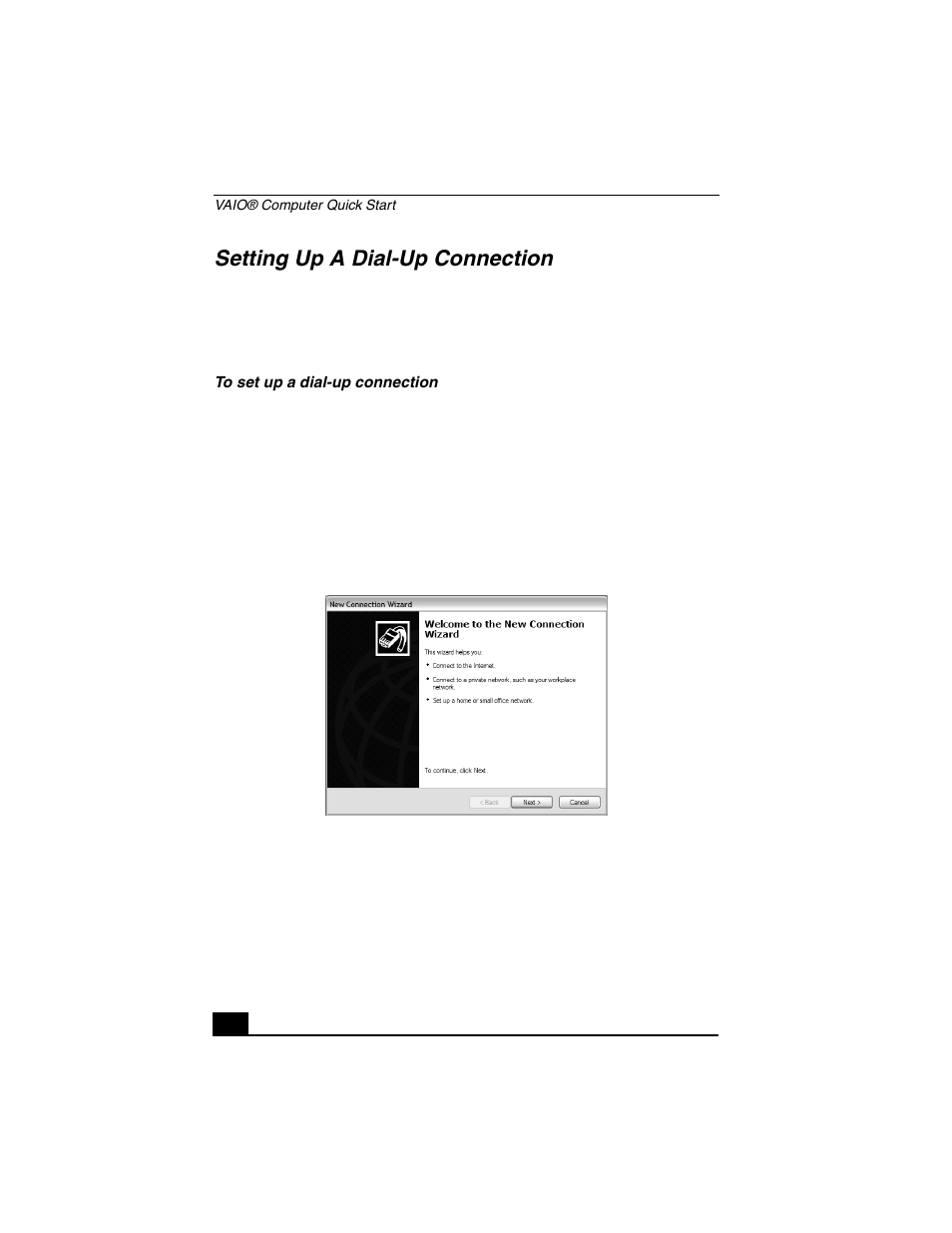 Setting up a dial-up connection | Sony VGN-A140P User Manual | Page 38 / 48