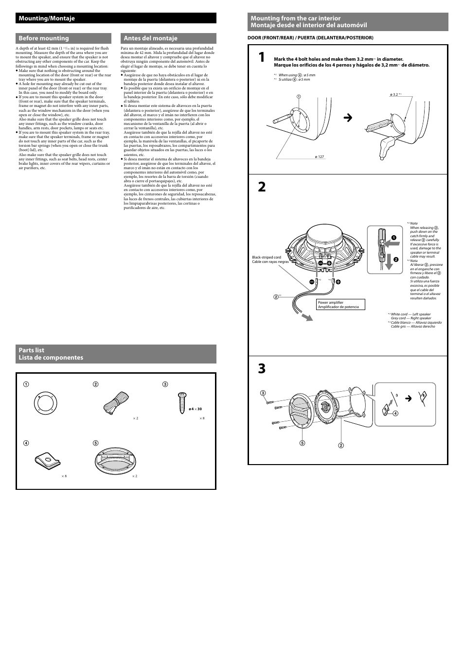 Mounting/montaje before mounting, Antes del montaje, Parts list lista de componentes | Sony CXS-GT5616F User Manual | Page 2 / 2