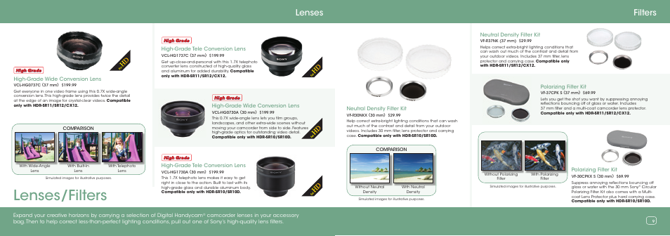 Lenses/filters, Filters, Lenses | Sony HDR-SR11 User Manual | Page 5 / 9