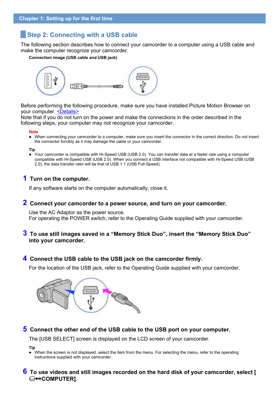 Step 2: connecting with a usb cable | Sony HDR-SR1 User Manual | Page 10 / 51