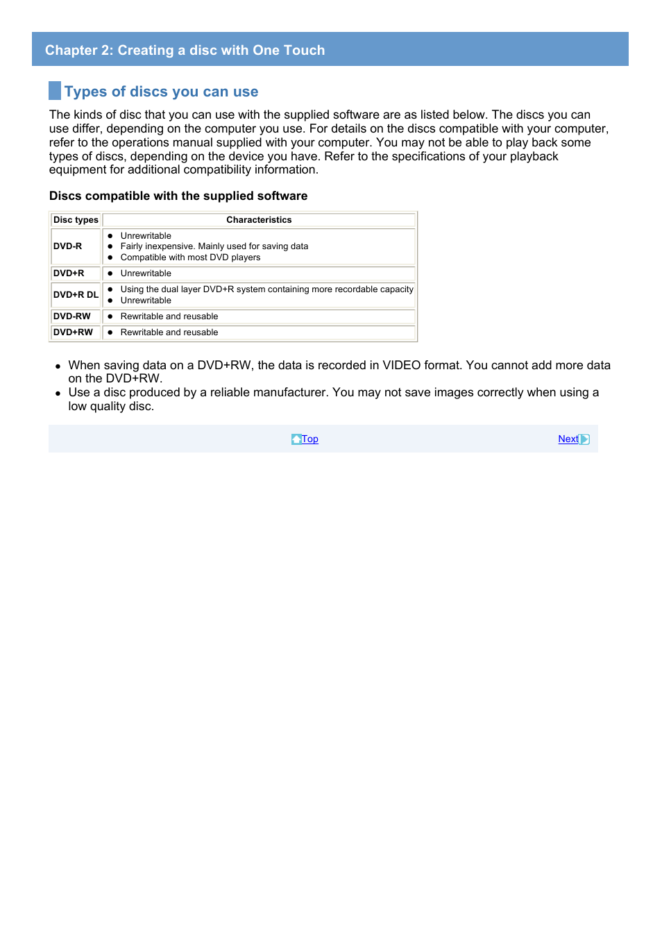 Chapter 2: creating a disc with one touch, Types of discs you can use, Discs compatible with the supplied software | Sony HDR-SR1 User Manual | Page 13 / 51