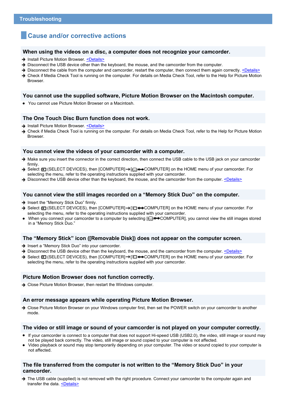 Cause and/or corrective actions | Sony HDR-SR1 User Manual | Page 47 / 51