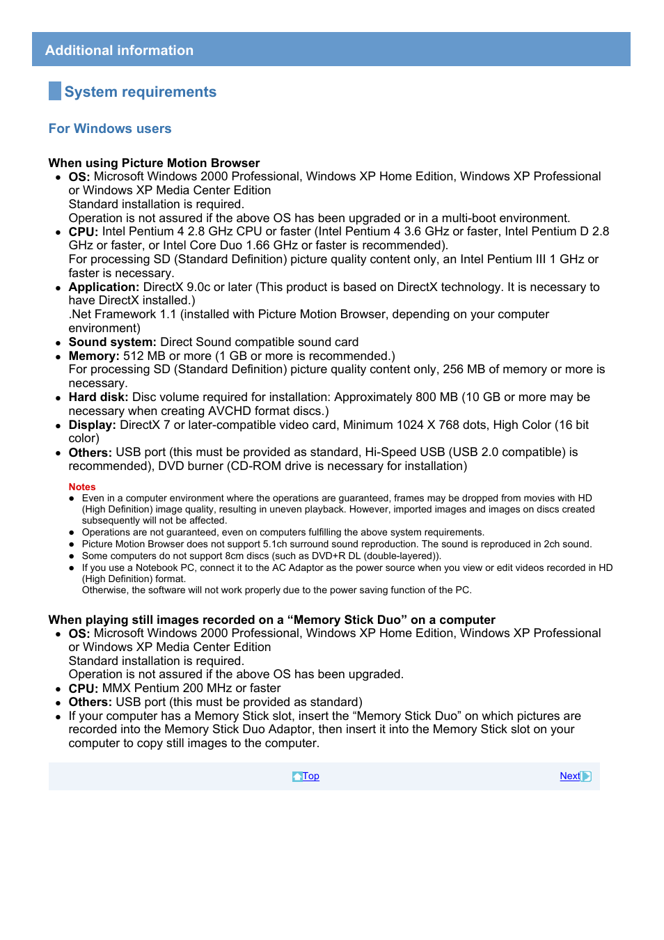 Additional information, System requirements, For windows users | Sony HDR-SR1 User Manual | Page 49 / 51