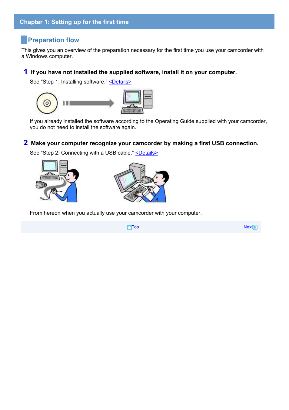 Chapter 1: setting up for the first time, Preparation flow | Sony HDR-SR1 User Manual | Page 5 / 51