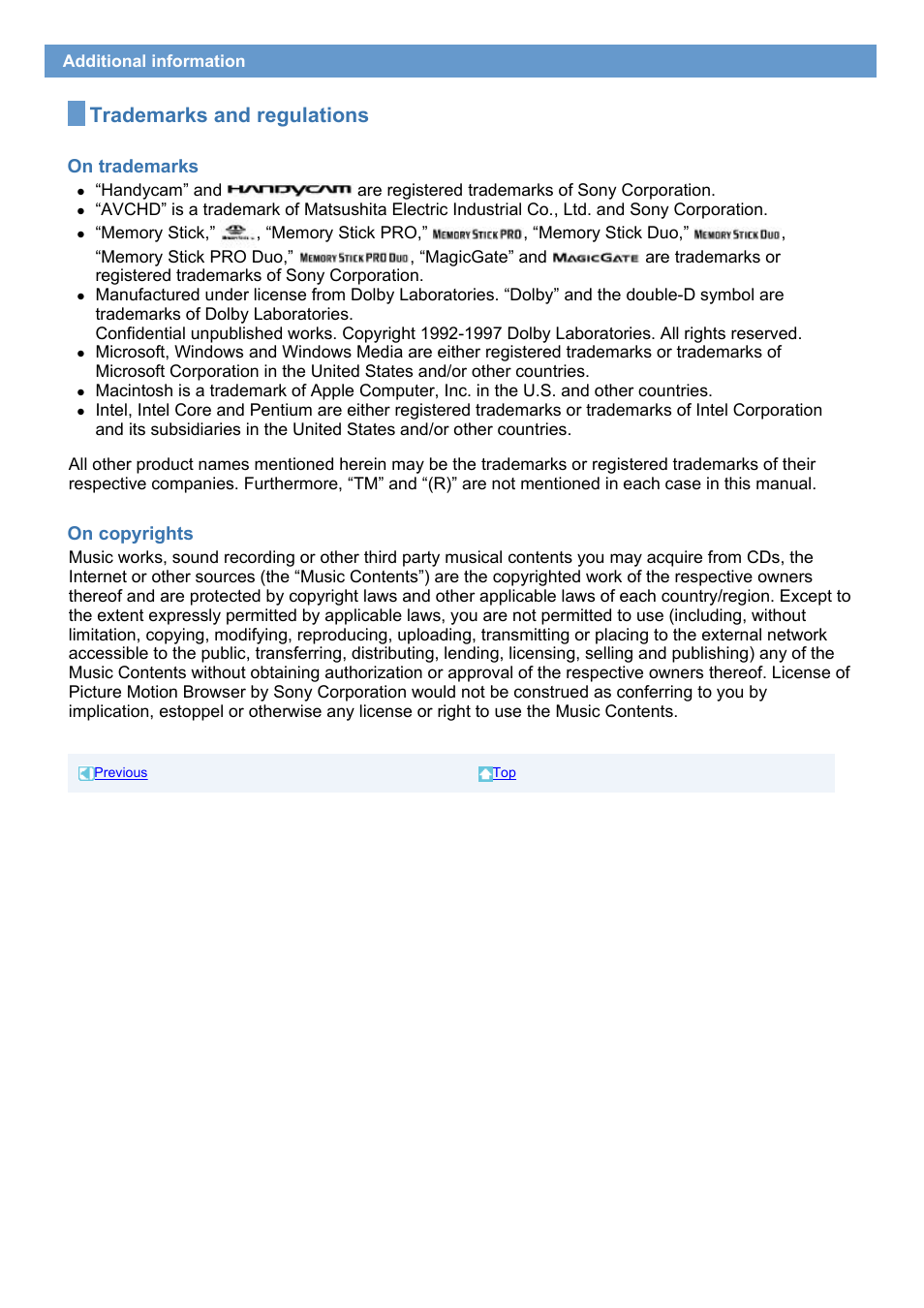 Trademarks and regulations | Sony HDR-SR1 User Manual | Page 50 / 51