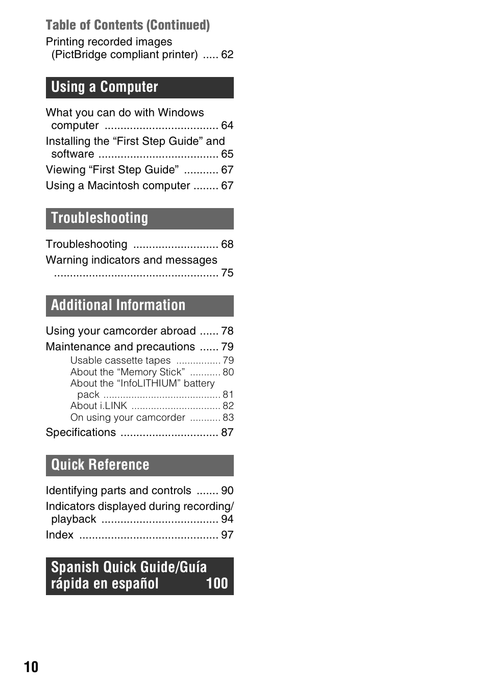 Sony DCR-HC62 User Manual | Page 10 / 116