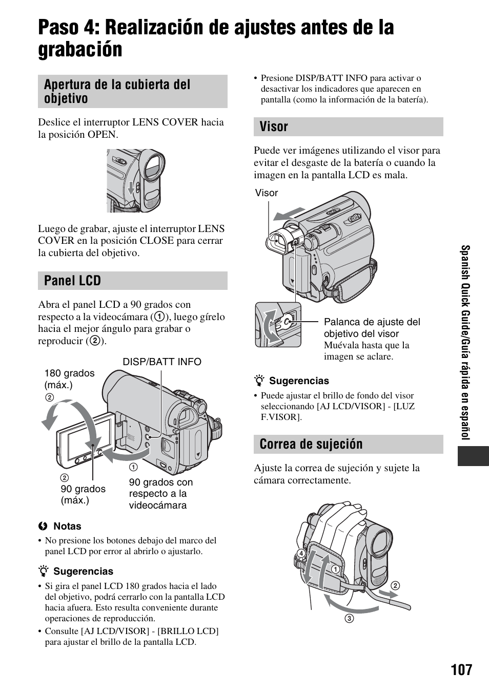 Apertura de la cubierta del objetivo panel lcd, Visor correa de sujeción | Sony DCR-HC62 User Manual | Page 107 / 116