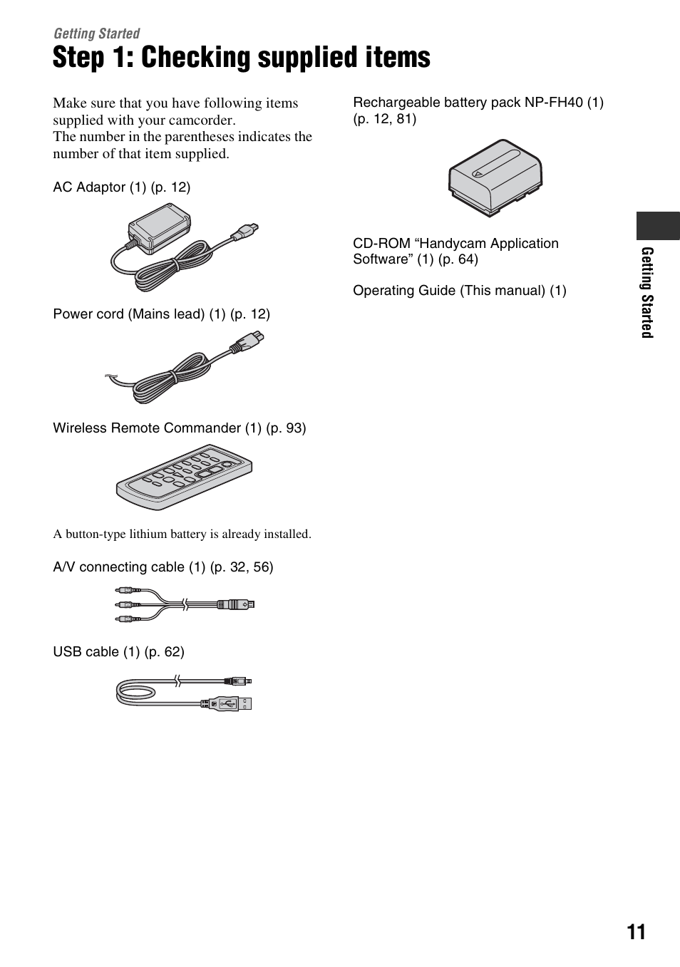 Getting started, Step 1: checking supplied items | Sony DCR-HC62 User Manual | Page 11 / 116