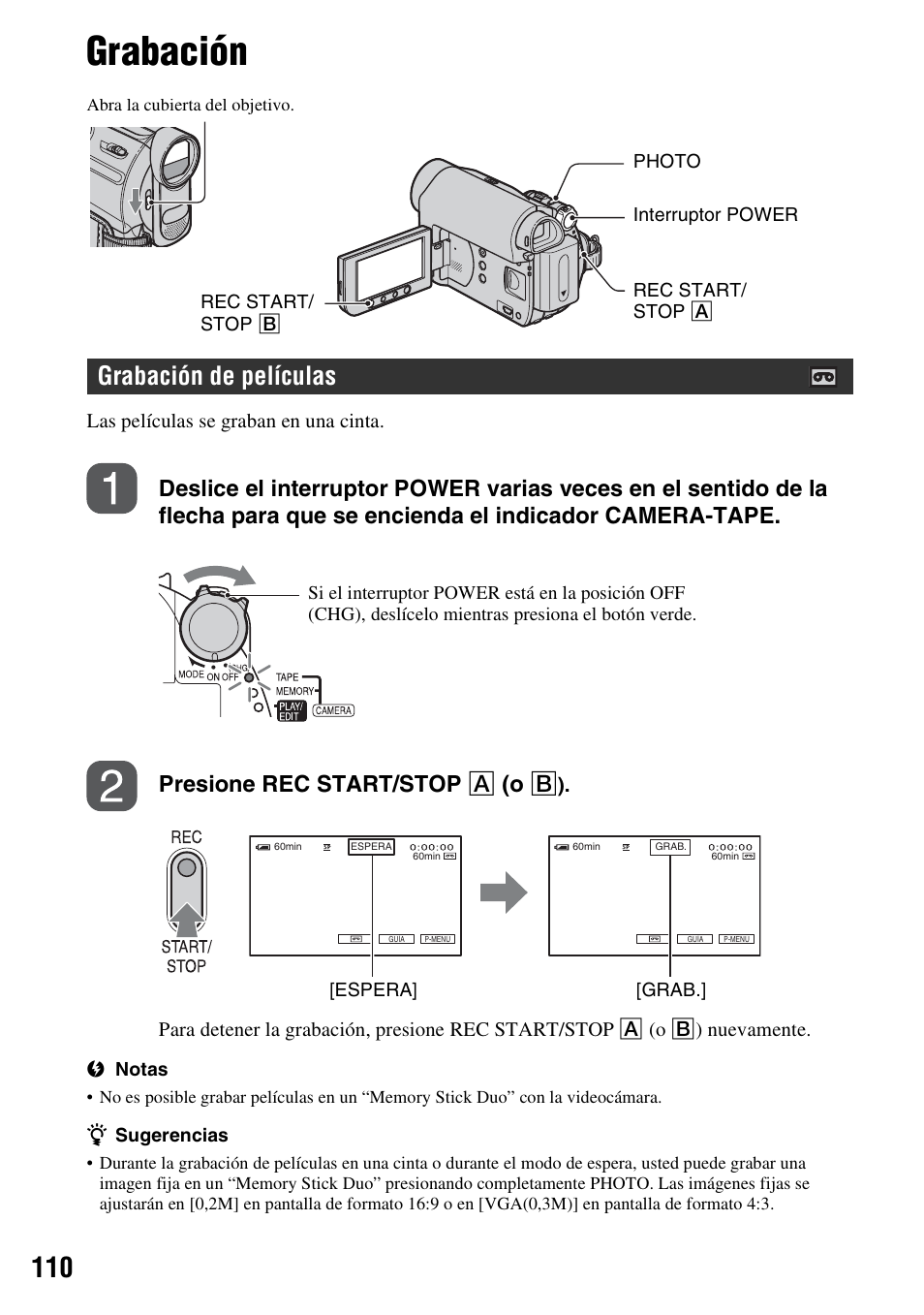 Grabación, Grabación de películas | Sony DCR-HC62 User Manual | Page 110 / 116