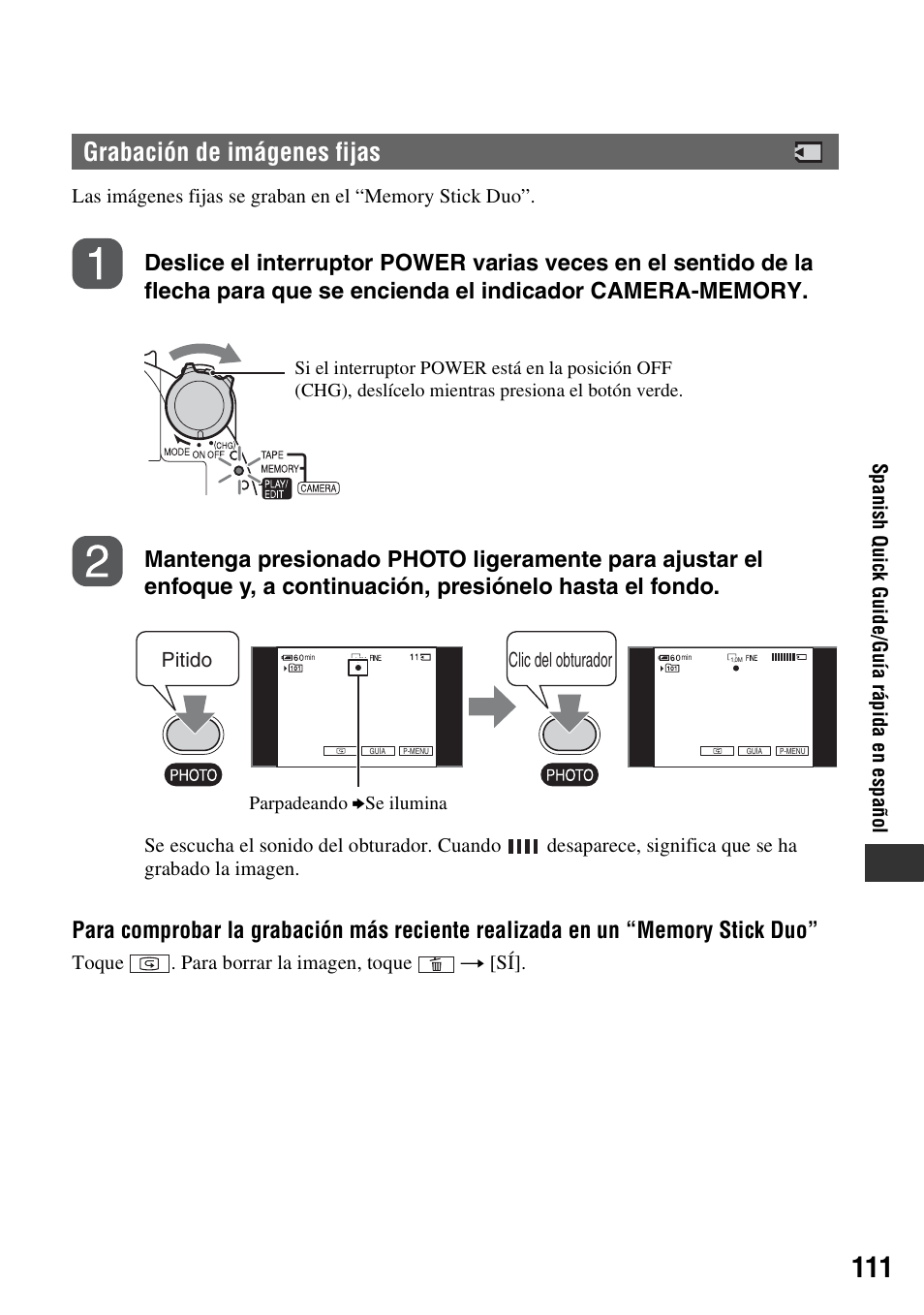 Grabación de imágenes fijas | Sony DCR-HC62 User Manual | Page 111 / 116