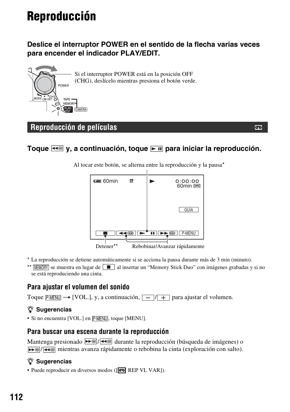 Reproducción, Reproducción de películas | Sony DCR-HC62 User Manual | Page 112 / 116
