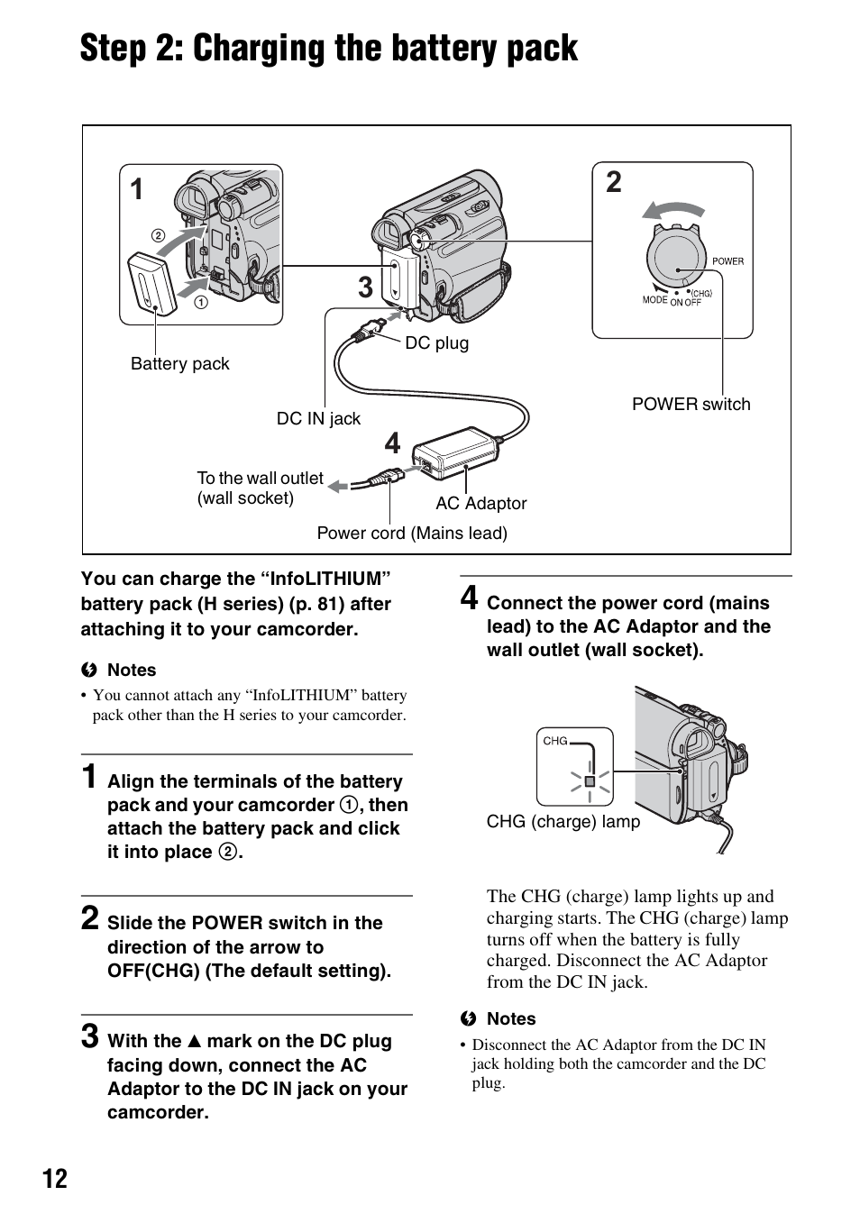 Step 2: charging the battery pack, P. 12), P. 12 | Sony DCR-HC62 User Manual | Page 12 / 116