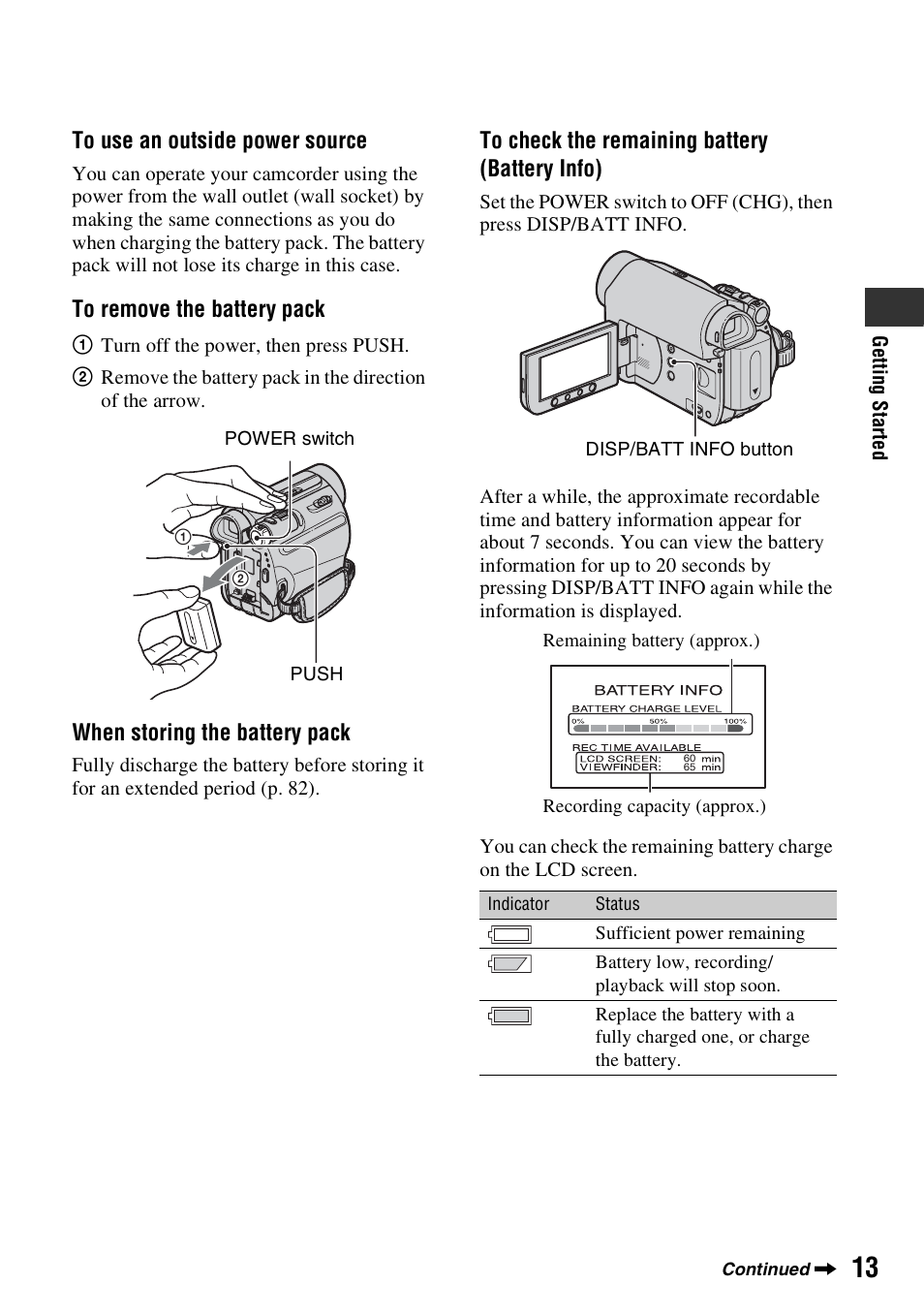 When storing the battery pack | Sony DCR-HC62 User Manual | Page 13 / 116